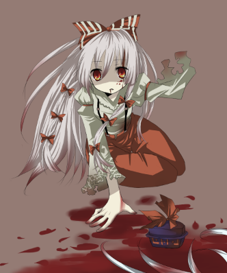 kuzumiya yuyu, fujiwara no mokou, kamishirasawa keine, touhou, lowres, 2girls, amputee, blood, death, female focus, multiple girls, red eyes, ribbon, severed limb, sitting