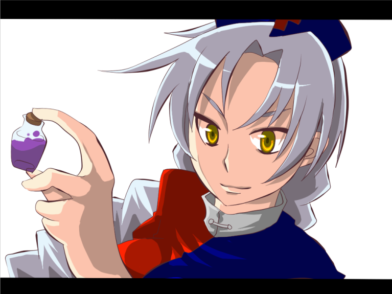 kuzumiya yuyu, yagokoro eirin, touhou, silver hair, 1girl, female focus, letterboxed, smile, solo, vial, yellow eyes