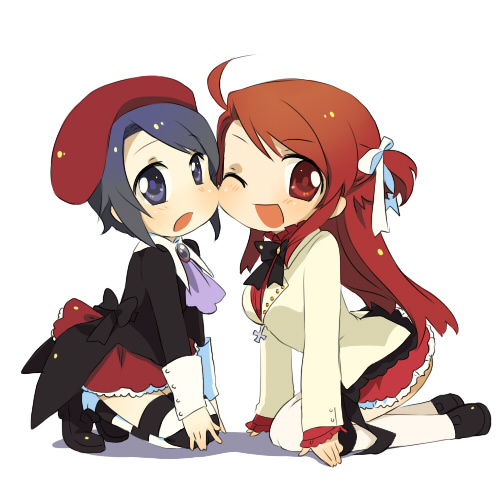 kanon (umineko), ushiromiya battler, umineko no naku koro ni, lowres, 00s, 2girls, black hair, cheek-to-cheek, genderswap, genderswap (mtf), heads together, long hair, multiple girls, one eye closed, red eyes, red hair, thighhighs, wink