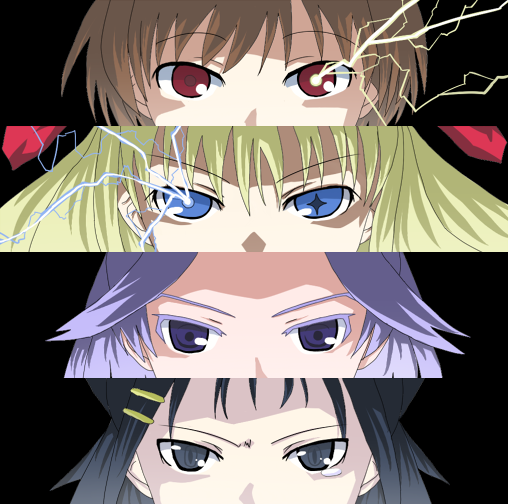 amae koromo, ikeda kana, kajiki yumi, miyanaga saki, atlus, persona, saki (manga), column lineup, cut-in, parody, persona eyes