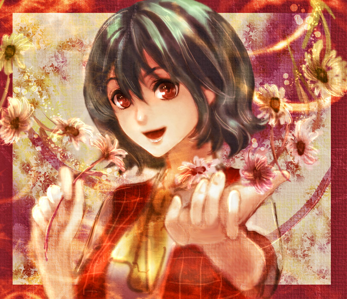 meruborun, mr (llwis41), kazami yuuka, touhou, 1girl, ascot, female focus, flower, green hair, holding, holding flower, looking at viewer, open mouth, plaid clothes, plaid vest, portrait, red eyes, short hair, smile, solo, vest
