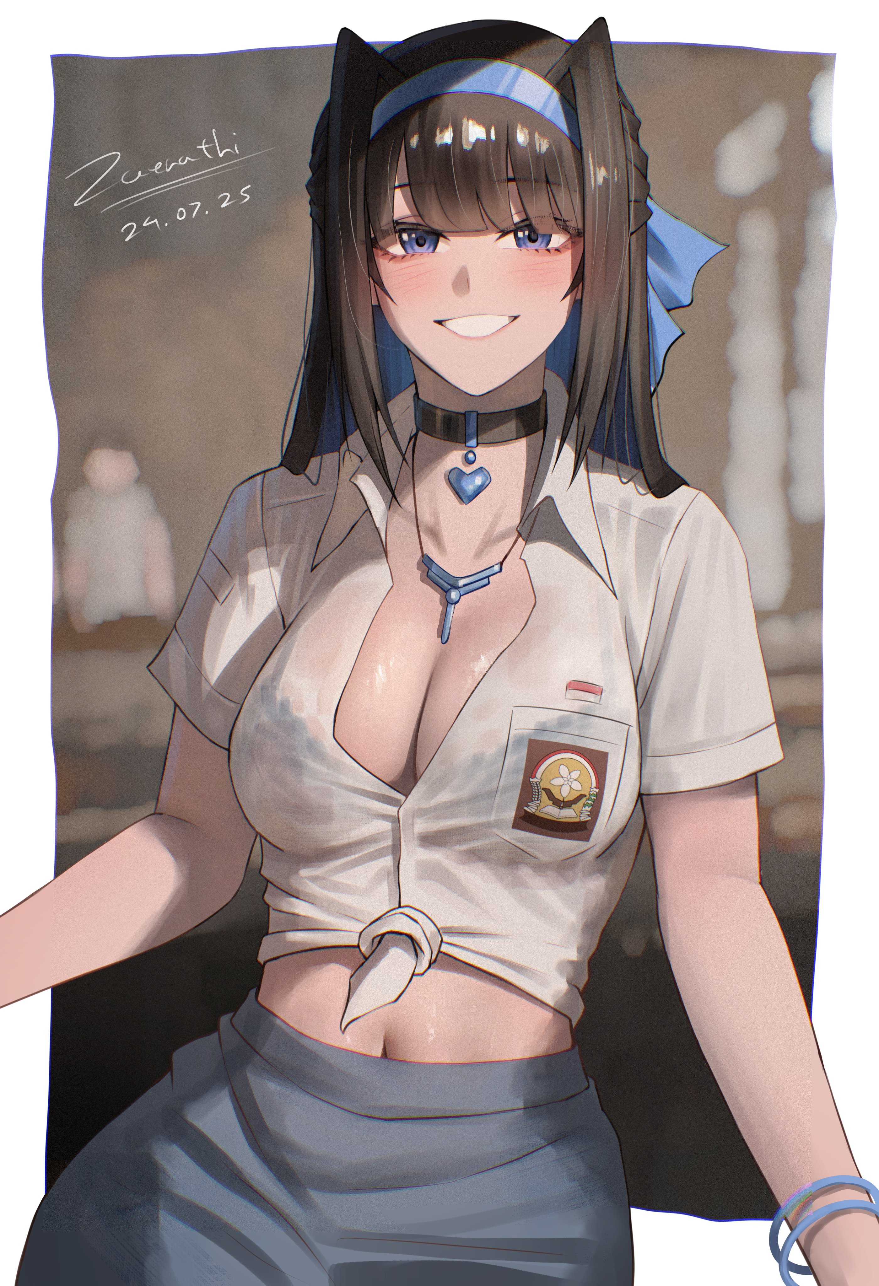 zaenathi, original, absurdres, commentary, english commentary, highres, 1girl, ashilla (zaenathi), bangle, black choker, black hair, blue bra, blue eyes, blue skirt, blunt bangs, blurry, blush, bra, bra visible through clothes, bracelet, breasts, choker, cleavage, collarbone, collared shirt, colored inner hair, cowboy shot, crop top, dated, depth of field, front-tie top, grey skirt, grin, hair intakes, hair ribbon, hairband, heart, heart choker, indonesian high school uniform, jewelry, large breasts, long hair, looking at viewer, midriff, multicolored hair, navel, necklace, partially unbuttoned, ribbon, school uniform, see-through clothes, see-through shirt, shirt, short sleeves, sidelocks, signature, skirt, smile, solo, underwear, white shirt