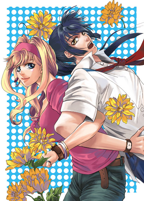 saotome alto, sheryl nome, macross, macross frontier, 00s, 1boy, 1girl, belt, blonde hair, blue eyes, blue hair, bracelet, brown eyes, couple, curly hair, flower, hairband, headband, hetero, jewelry, long hair, open mouth, ponytail, ring, smile, watch, wristwatch