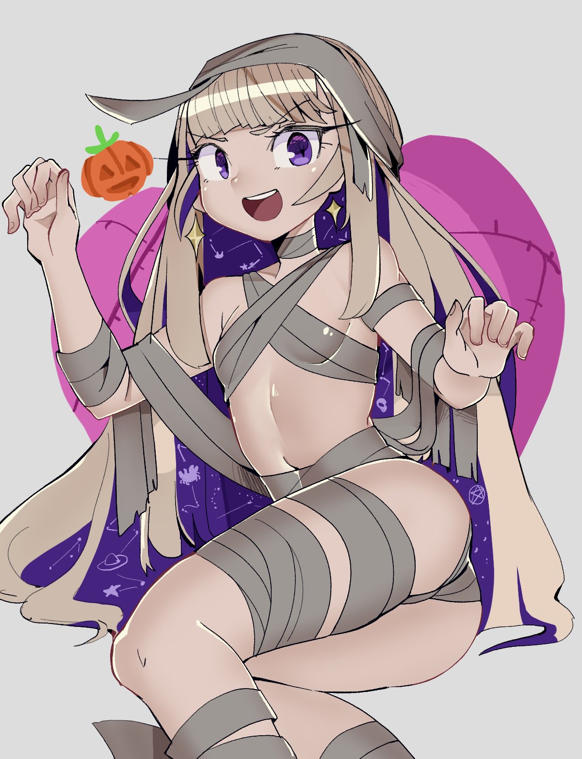 jushikuroni, amanogawa shiina, phase connect, ass, blonde hair, breasts, multicolored hair, mummy, mummy costume, navel, purple eyes, purple hair, small breasts, stomach, wrapping