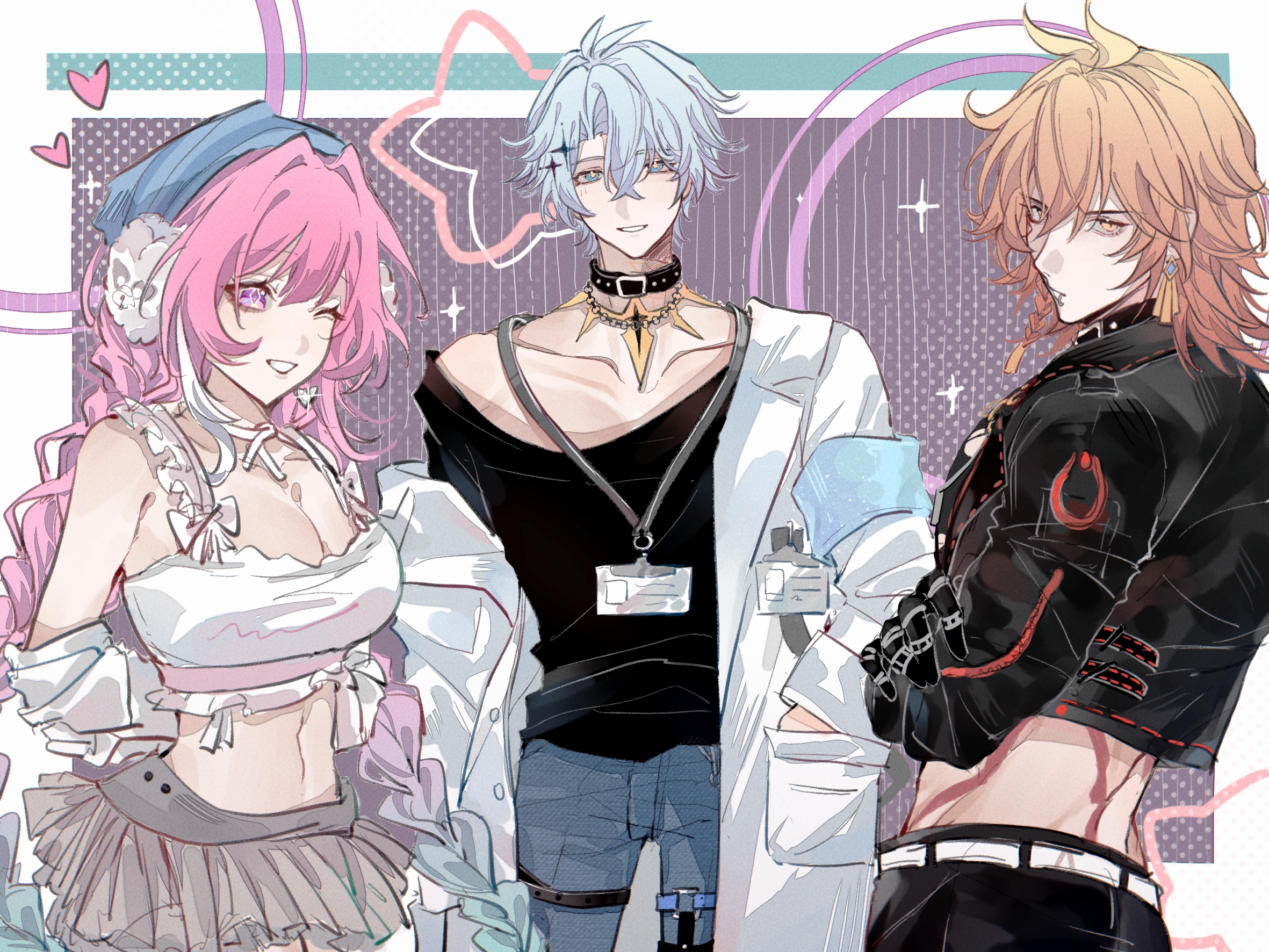 cyrene (honkai: star rail), cyrene (ripples of past reverie) (honkai: star rail), mydei (honkai: star rail), phainon (honkai: star rail), honkai: star rail, honkai (series), chinese commentary, commentary request, highres, 1girl, 2boys, ;o, alternate costume, black choker, black jacket, black pants, black shirt, blonde hair, blue hat, blush, breasts, choker, cleavage, coat, collarbone, denim, diamond-shaped pupils, diamond (shape), grey skirt, hat, heart, jacket, jeans, long hair, midriff, miniskirt, multicolored hair, multiple boys, nabiyn, navel, one eye closed, pants, pink hair, purple eyes, shirt, short hair, skirt, strapless, symbol-shaped pupils, tube top, two-tone hair, very long hair, white coat, white hair, white tube top, yellow eyes