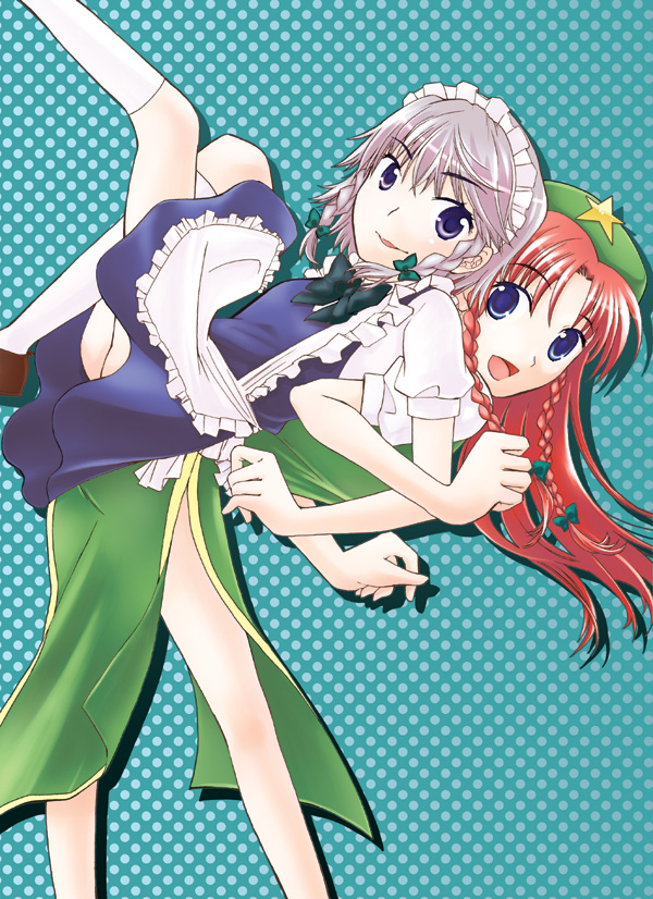 kimura megumi, hong meiling, izayoi sakuya, embodiment of scarlet devil, touhou, silver hair, 2girls, blue eyes, braid, china dress, chinese clothes, dress, female focus, hat, long hair, multiple girls, purple eyes, red hair, short hair, twin braids