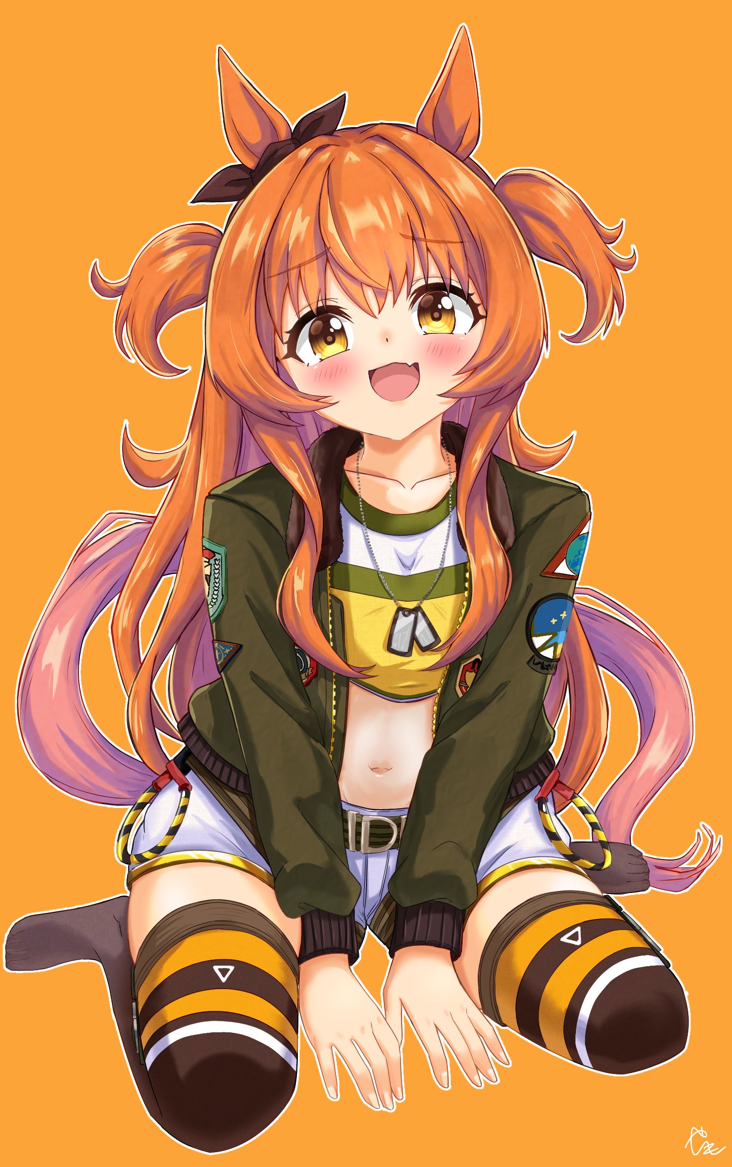 yashimo 1875, mayano top gun (scramble zone) (umamusume), mayano top gun (umamusume), umamusume, commentary request, highres, 1girl, :d, animal ears, arms between legs, belt, black bow, black thighhighs, bow, collarbone, cropped shirt, dog tags, ear bow, full body, green belt, green jacket, horse ears, horse girl, horse tail, jacket, long hair, long sleeves, looking at viewer, navel, open mouth, orange background, orange eyes, orange hair, patch, shirt, shorts, sitting, smile, solo, stomach, tail, thighhighs, two side up, very long hair, wariza, white shorts, yellow shirt