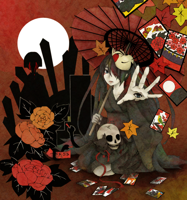 yzh, hatsune miku, musunde hiraite rasetsu to mukuro (vocaloid), vocaloid, bad id, bad pixiv id, 1girl, black eyes, black hair, cat, female focus, flower, fox mask, full moon, ghost, hanafuda, japanese clothes, kimono, leaf, long hair, mask, moon, night, oil-paper umbrella, sitting, skull, solo, twintails, umbrella, yukata