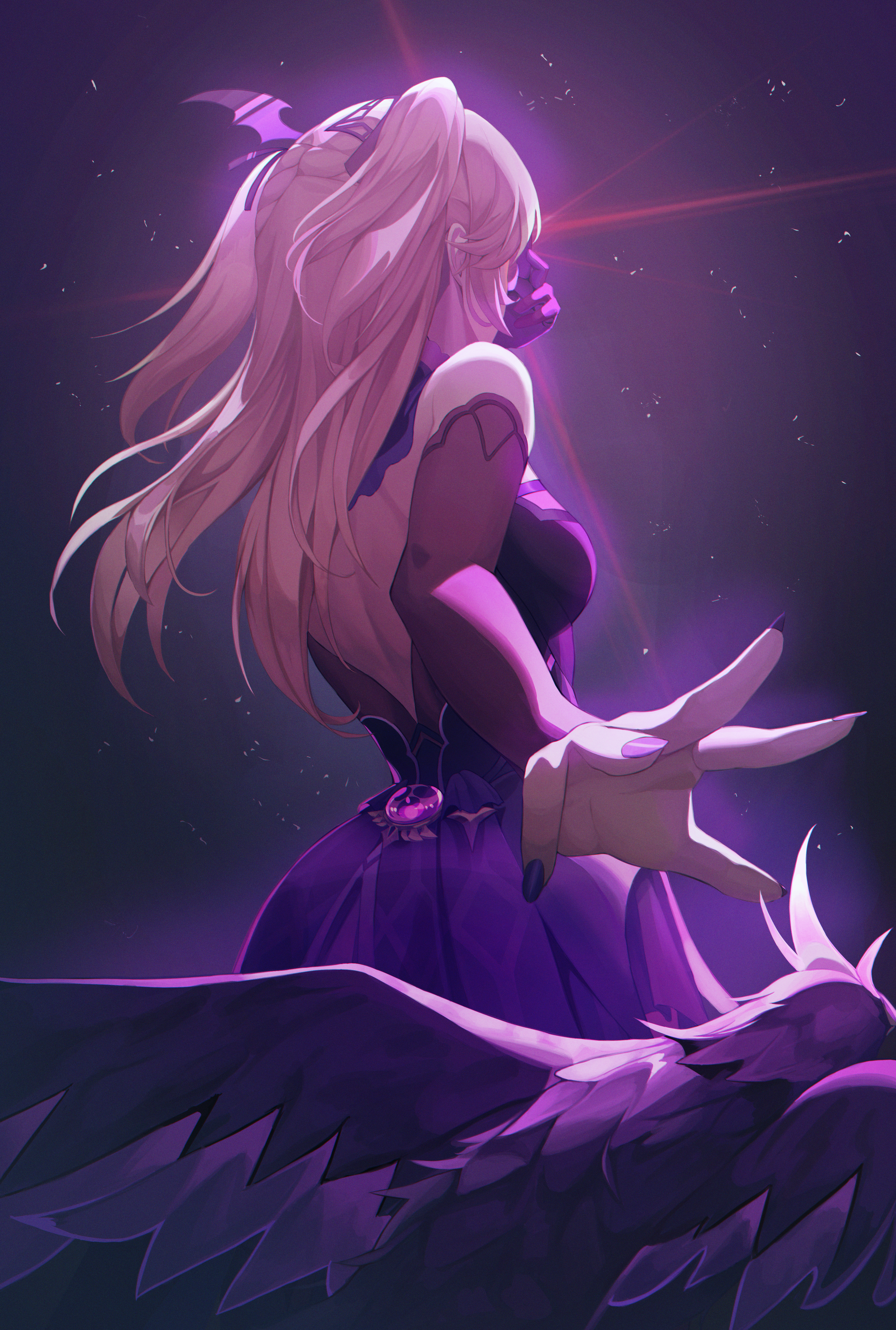 lusiperble, fischl (genshin impact), oz (genshin impact), genshin impact, absurdres, highres, 1girl, animal, back, bare back, bare shoulders, bat wings, bird, black skin, blonde hair, breasts, colored skin, detached sleeves, dress, facing away, feathered wings, fingernails, flying, from behind, gem, gradient background, hair ornament, hand on own face, hand up, head wings, jewelry, long fingernails, long hair, long sleeves, medium breasts, nail polish, purple background, purple dress, purple gemstone, purple nails, sleeveless, sleeveless dress, standing, two side up, wings