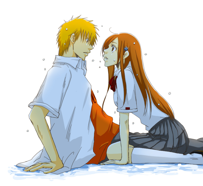 nachi (casa n), inoue orihime, kurosaki ichigo, bleach, 00s, 1boy, 1girl, ahoge, breasts, couple, eye contact, hair ornament, hairclip, large breasts, long hair, looking at another, orange eyes, orange hair, school uniform, sitting, skirt, snow, socks, wariza