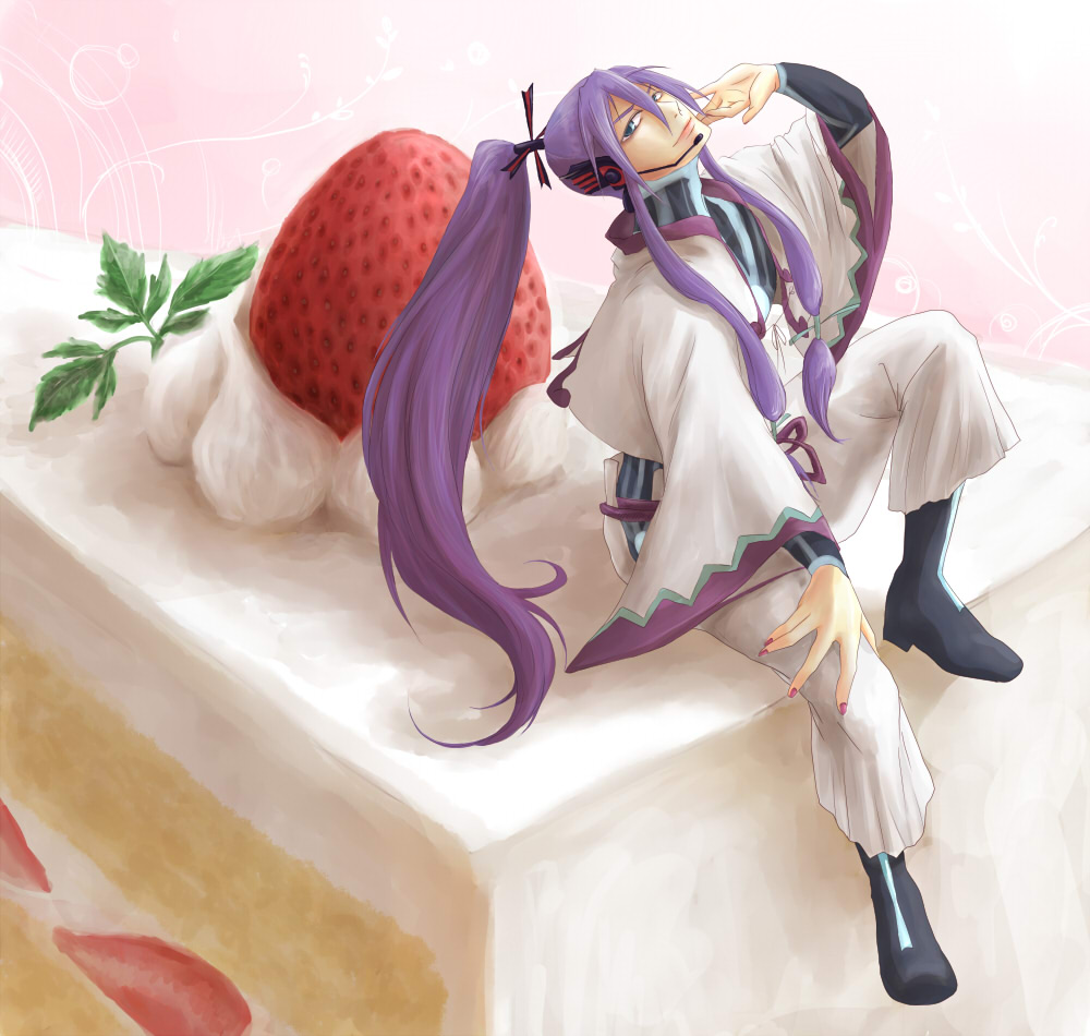 sorahina, kamui gakupo, vocaloid, 1boy, blue eyes, cake, food, fruit, headphones, headset, long hair, male focus, pastry, ponytail, purple hair, sitting, smile, solo, strawberry