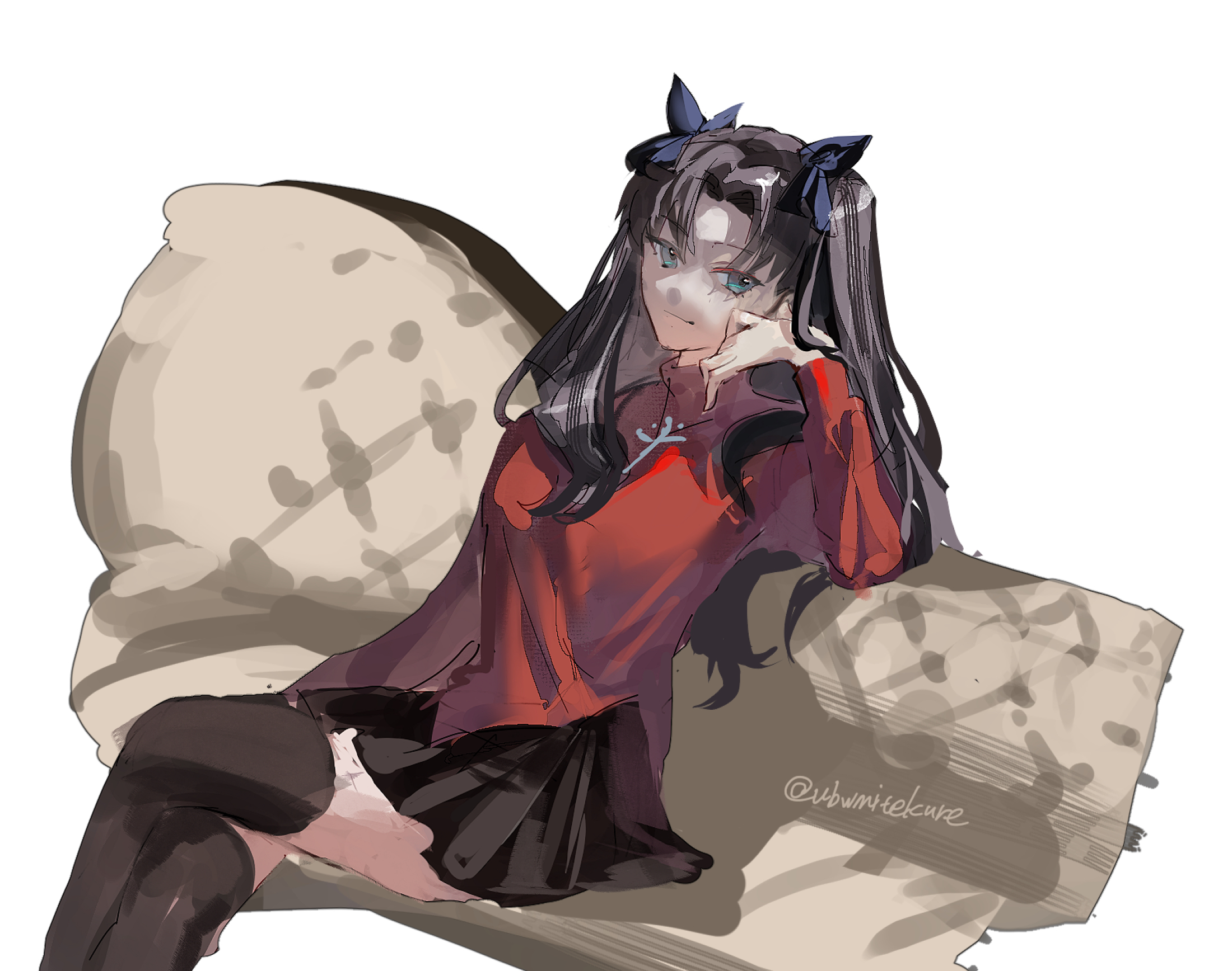 ubwmitekure, tohsaka rin, fate/stay night, fate (series), commentary request, highres, 1girl, black bow, black hair, black skirt, black thighhighs, bow, breasts, couch, crossed legs, green eyes, hair bow, hand on own cheek, hand on own face, head rest, long hair, long sleeves, looking at viewer, medium breasts, miniskirt, pleated skirt, red shirt, red sweater, shirt, simple background, sitting, skirt, solo, sweater, thighhighs, thighs, turtleneck, turtleneck sweater, twintails, white background, zettai ryouiki