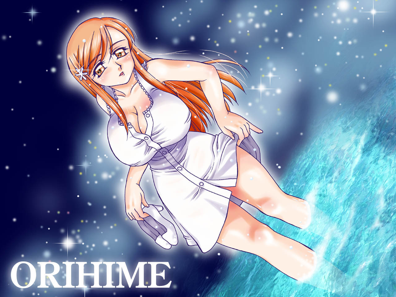 satosatosato, inoue orihime, bleach, 00s, blush, breasts, cleavage, dutch angle, hair ornament, hairclip, high heels, huge breasts, long hair, no bra, orange eyes, orange hair, shoes, wading, water