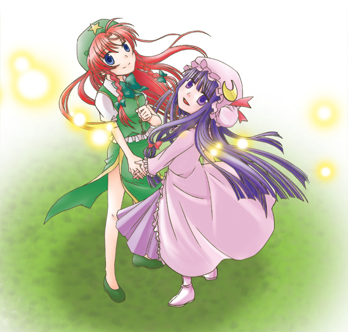 kimura megumi, hong meiling, patchouli knowledge, embodiment of scarlet devil, touhou, 2girls, blue eyes, braid, china dress, chinese clothes, dress, female focus, hat, long hair, multiple girls, purple eyes, purple hair, red hair, twin braids