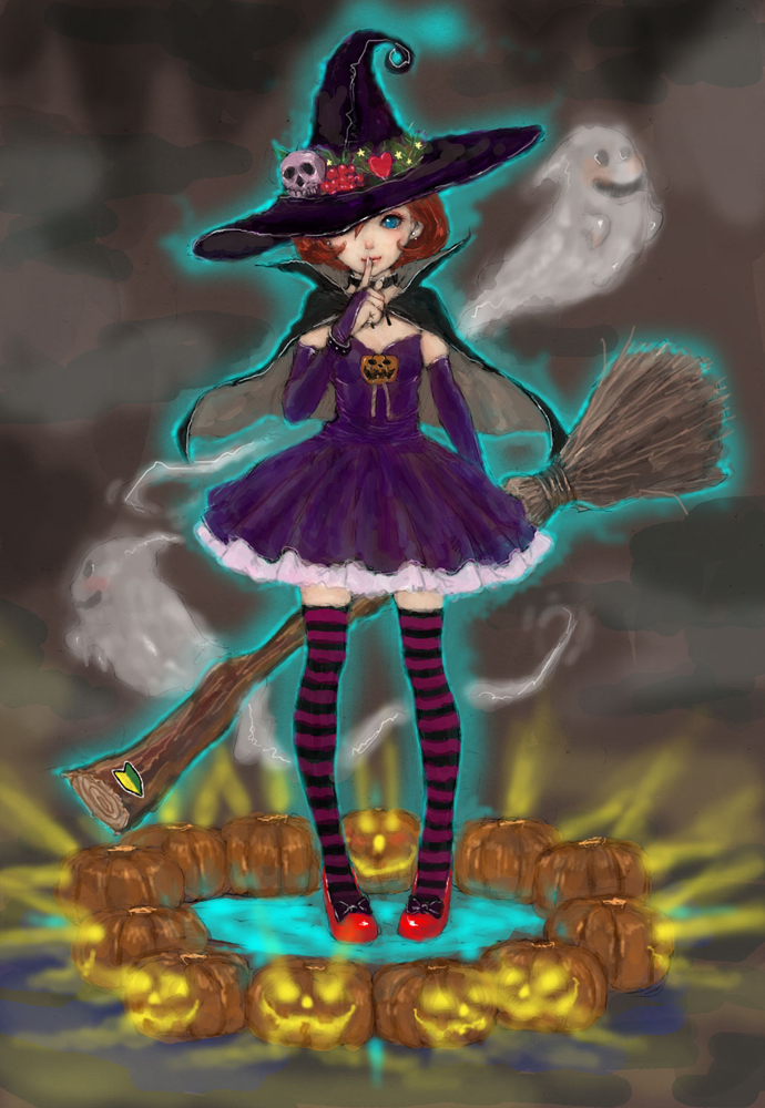 ponsuke (pon00000), red footwear, striped legwear, bad id, bad pixiv id, berry, blue eyes, bridal gauntlets, broom, brown hair, capelet, detached sleeves, dress, finger to mouth, ghost, glowing, halloween, hat, heart, pumpkin, purple thighhighs, shoes, short hair, skull, smile, striped clothes, striped thighhighs, thighhighs, witch, witch hat