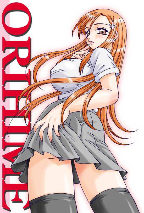 satosatosato, inoue orihime, bleach, 00s, 1girl, black thighhighs, blush, breasts, female focus, from behind, gradient background, huge breasts, large breasts, long hair, looking back, matching hair/eyes, orange eyes, orange hair, school uniform, sideboob, skirt, solo, thighhighs, zettai ryouiki