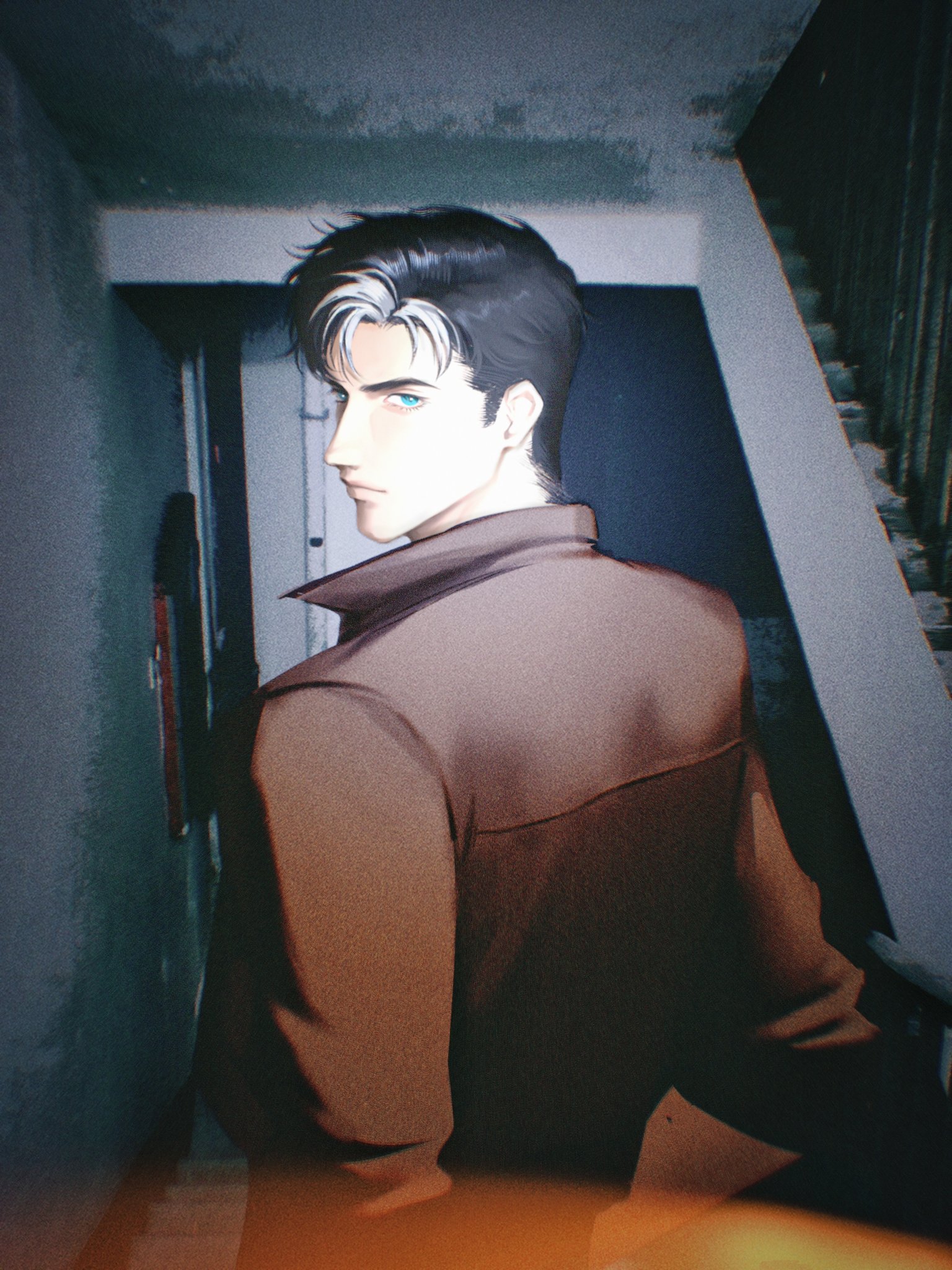 jason todd, red hood (dc), batman (series), dc comics, commentary, highres, 1boy, back, black hair, brown jacket, from behind, green eyes, ichinoseguki, jacket, looking at viewer, looking back, male focus, muscular, muscular male, red hood and the outlaws, short hair, solo, superhero costume