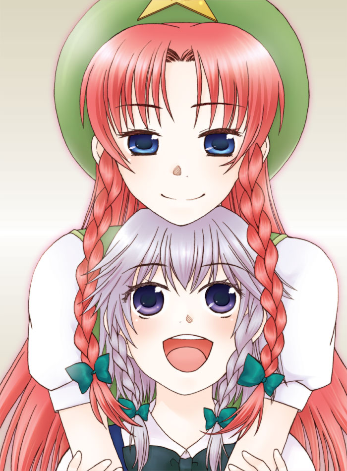 kimura megumi, hong meiling, izayoi sakuya, embodiment of scarlet devil, touhou, silver hair, 2girls, blue eyes, braid, female focus, hat, long hair, multiple girls, purple eyes, red hair, short hair, twin braids