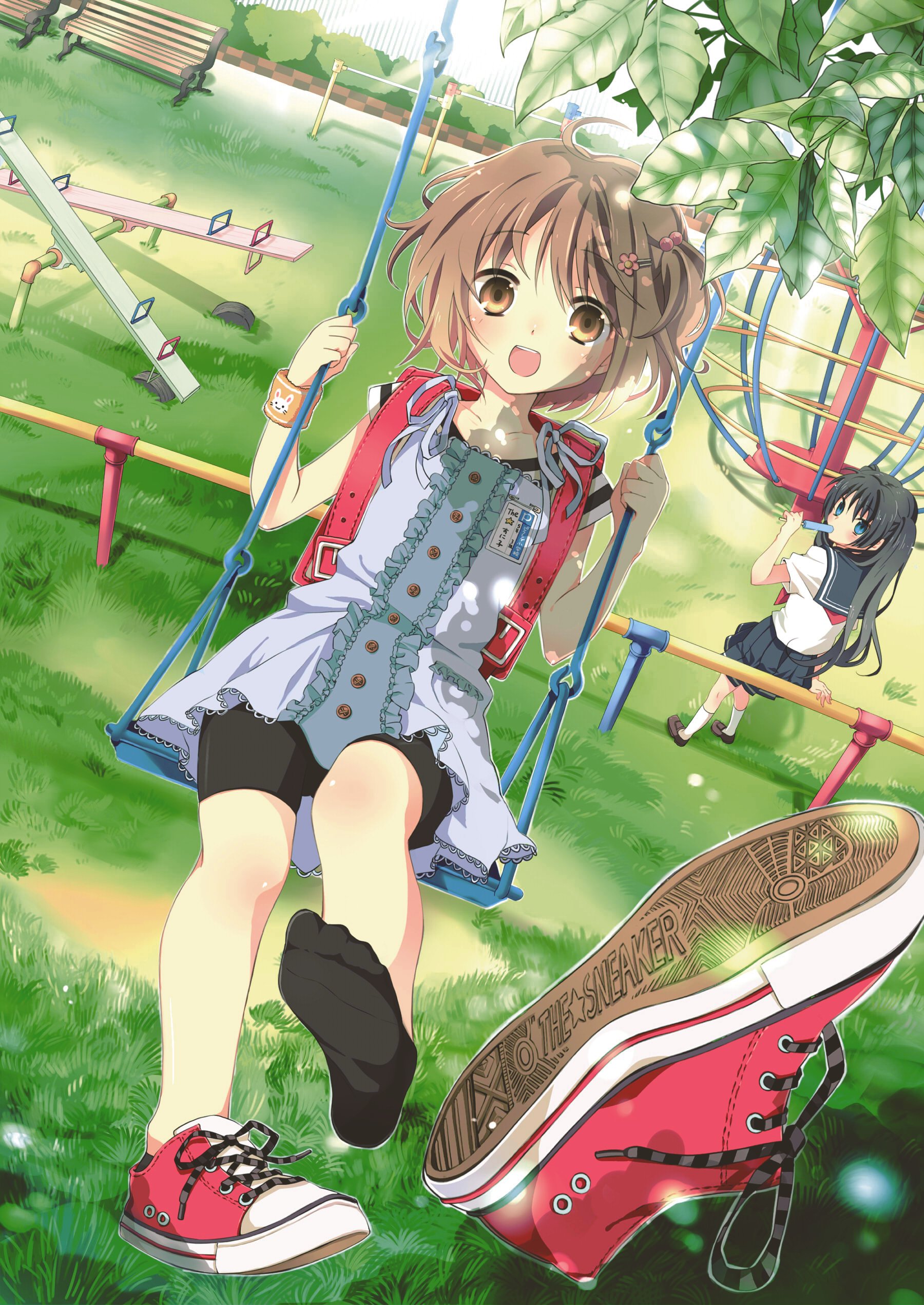 hanabana tsubomi, converse, original, white legwear, absurdres, highres, 2girls, :d, ahoge, backpack, bag, bench, bike shorts, black skirt, black socks, blouse, blue eyes, brown eyes, brown hair, child, day, dress, eating, feet, food, frilled dress, frills, hair bobbles, hair ornament, hairclip, horizontal bar, left shoe removed, legs, long hair, looking at viewer, looking back, multiple girls, on swing, open mouth, outdoors, park, playground, pleated skirt, popsicle, randoseru, sailor collar, school uniform, seesaw, serafuku, shirt, shoe loss, shoes, short hair, short sleeves, single shoe, sitting, skirt, sleeveless, sleeveless dress, smile, sneakers, socks, standing, swing, tree shade, twintails, unworn shoes, white dress, white shirt, wrist cuffs