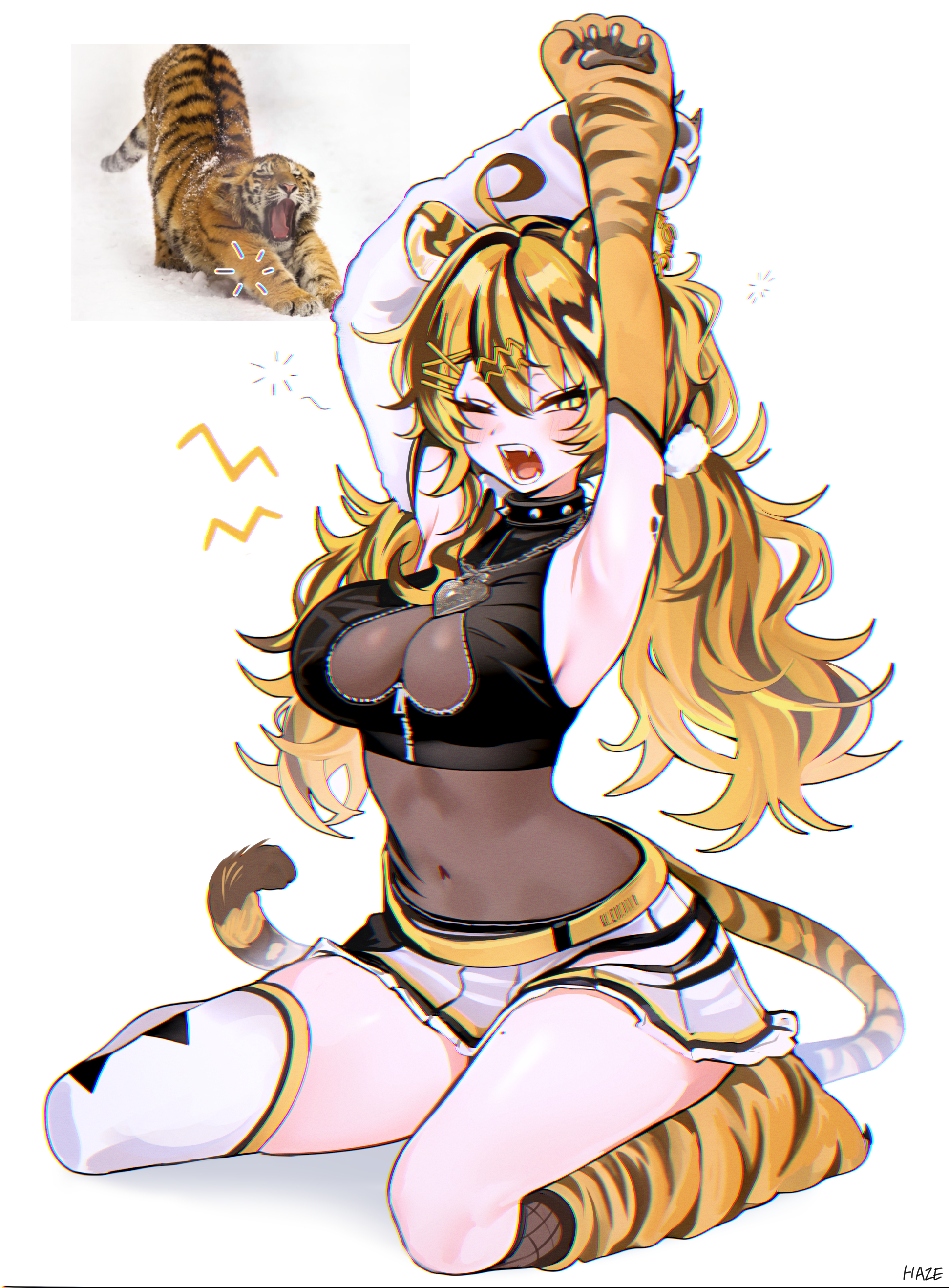 haze (7h4ze), indie virtual youtuber, absurdres, character request, highres, 1girl, animal ears, animal hands, black hair, breasts, cleavage, fangs, gloves, large breasts, long hair, looking at viewer, multicolored hair, navel, one eye closed, orange hair, paw gloves, reference inset, see-through clothes, skirt, streaked hair, stretching, tail, tiger, tiger ears, tiger girl, tiger tail, virtual youtuber, waking up, white background, white skirt, yawning, zipper