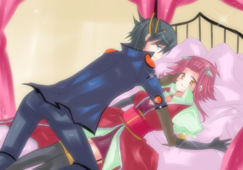 mistsakura, fudo yusei, izayoi aki, yu-gi-oh!, yu-gi-oh! 5d's, bad id, bad pixiv id, lowres, 00s, 1boy, 1girl, bed, black hair, blue eyes, blush, breasts, couple, elbow gloves, fingerless gloves, gloves, hetero, lying, miniskirt, on back, orange eyes, pink hair, red eyes, skirt, thighhighs, zettai ryouiki