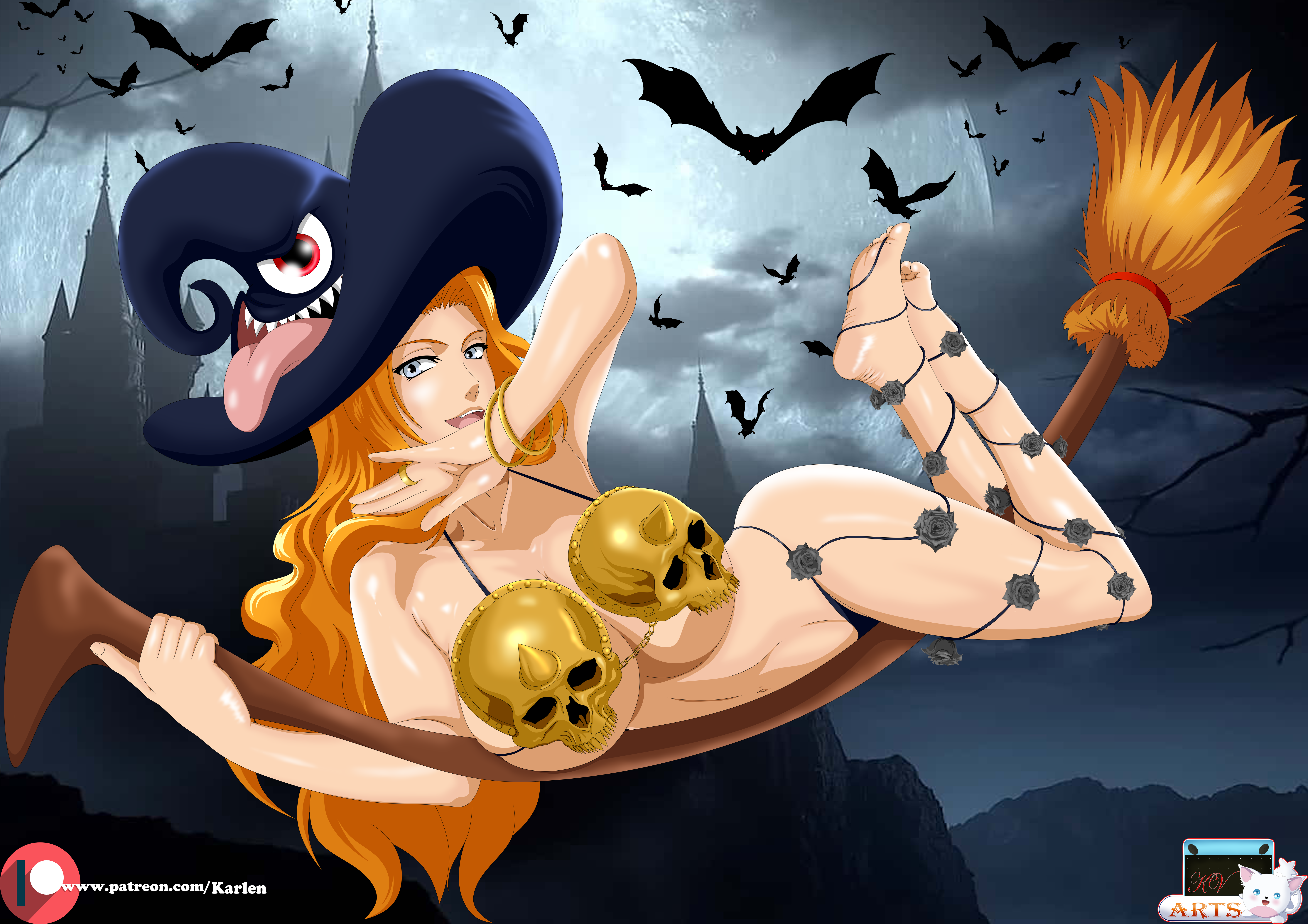karlen arts, matsumoto rangiku, bleach, commission, 1girl, artist name, bare shoulders, barefoot, bat (animal), blue eyes, bracelet, breasts, broom, broom riding, collarbone, female focus, hat, jewelry, large breasts, long hair, looking at viewer, mole, mole under mouth, night, night sky, orange hair, patreon username, shiny skin, sky, witch, witch hat