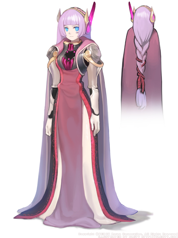 caesty, nexon, tales weaver, commentary request, korean commentary, official art, 1girl, arm guards, arms at sides, artist name, black hairband, blunt bangs, bracer, braid, bright pupils, cape, closed mouth, colored skin, copyright notice, dated commentary, dress, english text, expressionless, full body, hair ribbon, hairband, long hair, looking at viewer, low-braided long hair, low-tied long hair, mark under eye, mother (tales weaver), production art, purple cape, purple dress, purple ribbon, ribbon, robot ears, shadow, simple background, solo, standing, watermark, web address, white background, white pupils, white skin