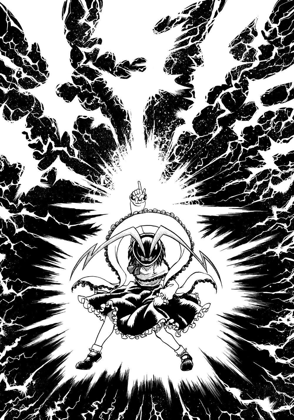 oonamazu, nagae iku, saturday night fever, touhou, highres, 1girl, female focus, greyscale, hat, monochrome, shawl, short hair, skirt hold, solo