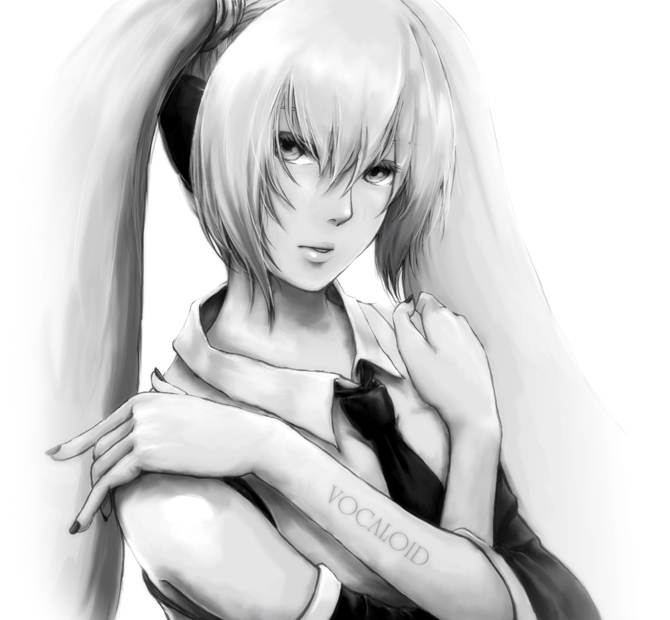 tatsuno, tatsuno (3scale), hatsune miku, vocaloid, bad id, bad pixiv id, 1girl, detached sleeves, female focus, greyscale, long hair, monochrome, nail polish, necktie, solo, twintails