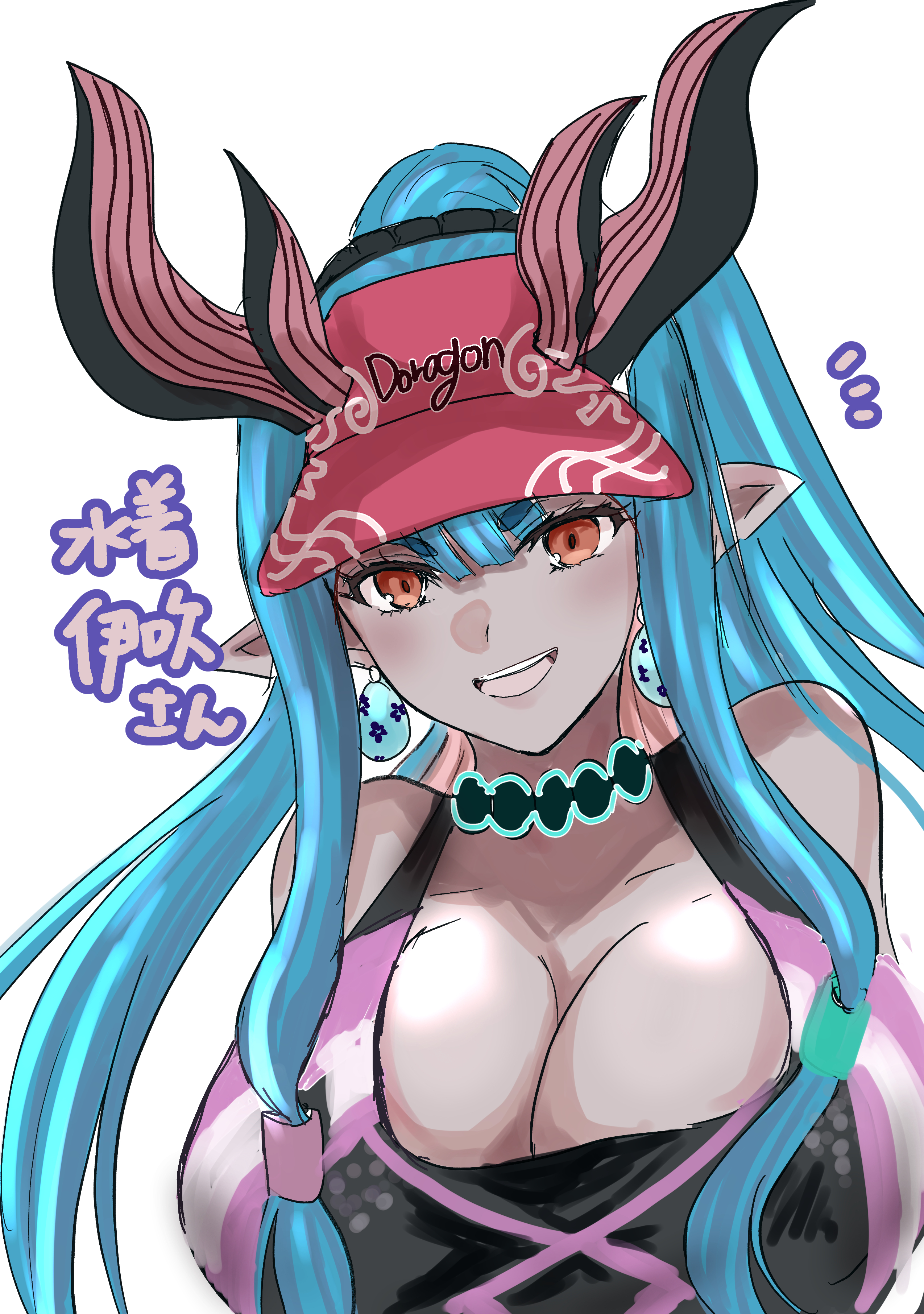 ibuki douji (fate), ibuki douji (swimsuit berserker) (fate), ibuki douji (swimsuit berserker) (first ascension) (fate), fate/grand order, fate (series), absurdres, commentary request, highres, 1girl, bare shoulders, blue hair, breasts, earrings, hair tie, horns, huge breasts, jewelry, long hair, mikasa tati, multicolored swimsuit, notice lines, one-piece swimsuit, pointy ears, red eyes, smile, solo, swimsuit, teeth, upper body, upper teeth only, visor cap