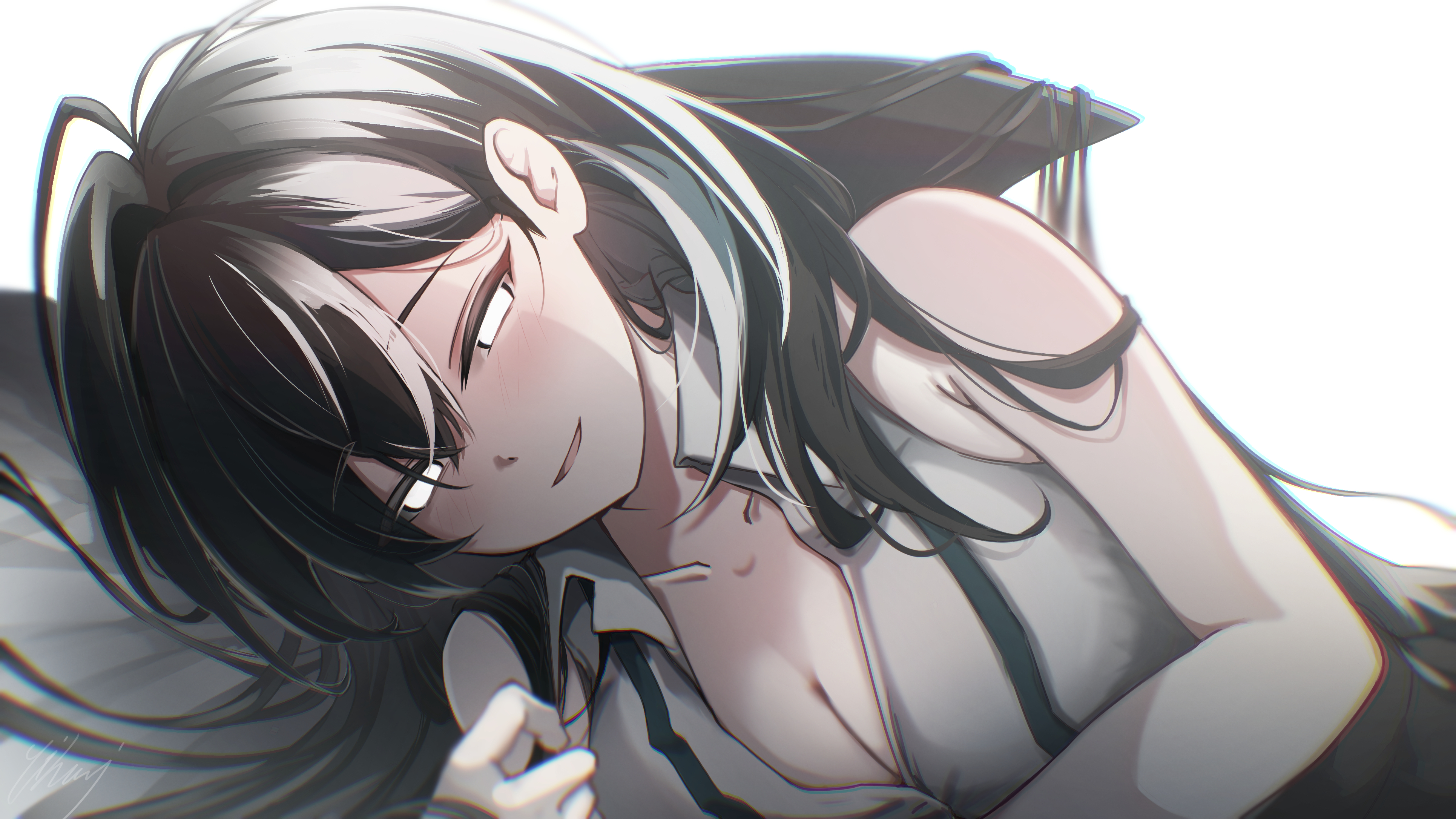 yoihami 294, original, absurdres, highres, 1girl, black hair, borrowed character, breasts, cleavage, collared shirt, dorsal fin, large breasts, long hair, looking at viewer, lying, multicolored hair, on side, orca (haze (7h4ze)), orca girl, shirt, sleeveless, sleeveless shirt, smile, streaked hair, white background, white eyes, white hair, white shirt