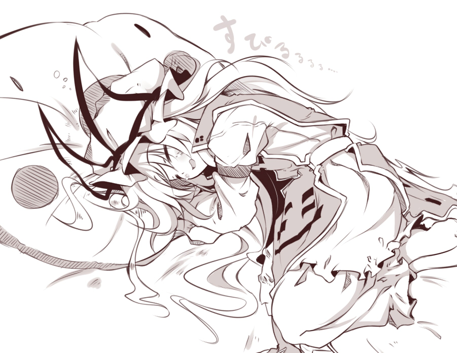 rondo umigame, yakumo yukari, touhou, 1girl, female focus, fetal position, full body, lying, monochrome, pillow, sleeping, solo