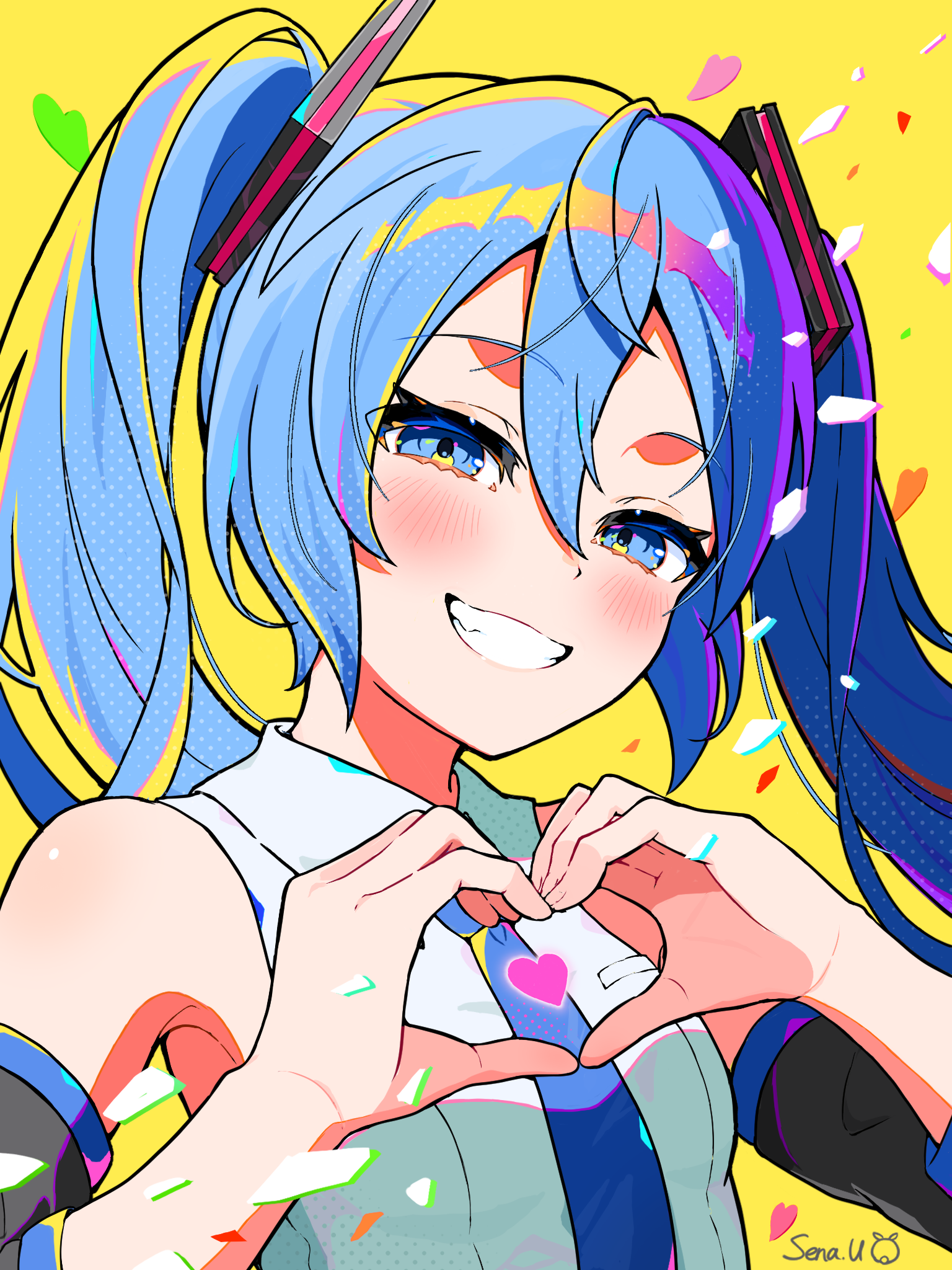 uzuki sena, hatsune miku, vocaloid, commentary, highres, symbol-only commentary, 1girl, black sleeves, blue eyes, blue hair, collared shirt, colorful, detached sleeves, hair ornament, heart, heart hands, long hair, necktie, shirt, smile, teeth, twintails, very long hair, white shirt, yellow background