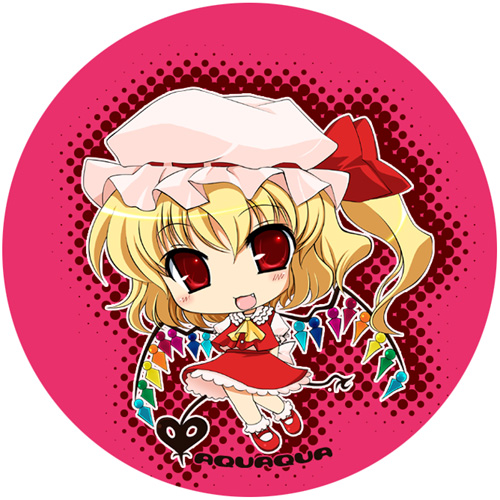 ikeda jun (aquaqua), jun (aquaqua), flandre scarlet, touhou, lowres, 1girl, blouse, chibi, collared shirt, female focus, hat, mob cap, pink background, red eyes, shirt, socks, solo, white hat, white shirt, white socks