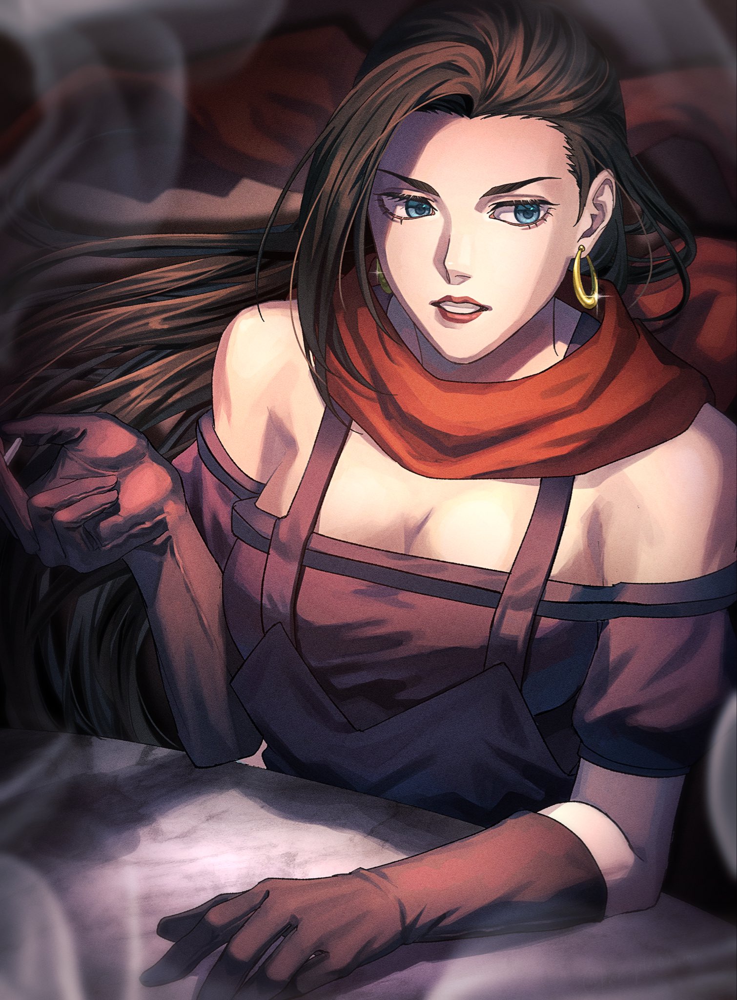 lisa lisa, battle tendency, jojo no kimyou na bouken, commentary request, highres, 1girl, bare shoulders, black dress, black gloves, black hair, blue eyes, breasts, cigarette, cleavage, dress, earrings, elbow gloves, gloves, hoop earrings, jewelry, large breasts, long hair, looking to the side, off-shoulder dress, off shoulder, pur ple02imo, red lips, red scarf, scarf, smoke, solo, table