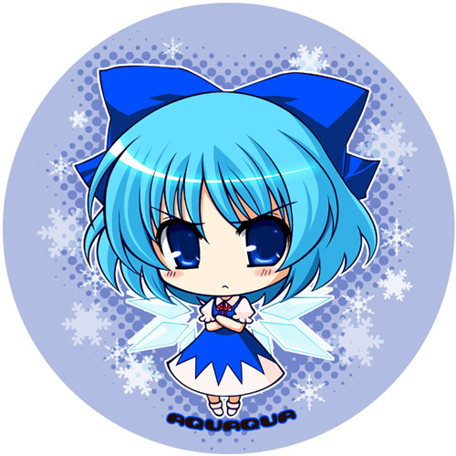 ikeda jun (aquaqua), jun (aquaqua), cirno, embodiment of scarlet devil, touhou, lowres, 1girl, blue eyes, blue hair, bow, chibi, dress, female focus, hair bow, matching hair/eyes, ribbon, short hair, solo, wings