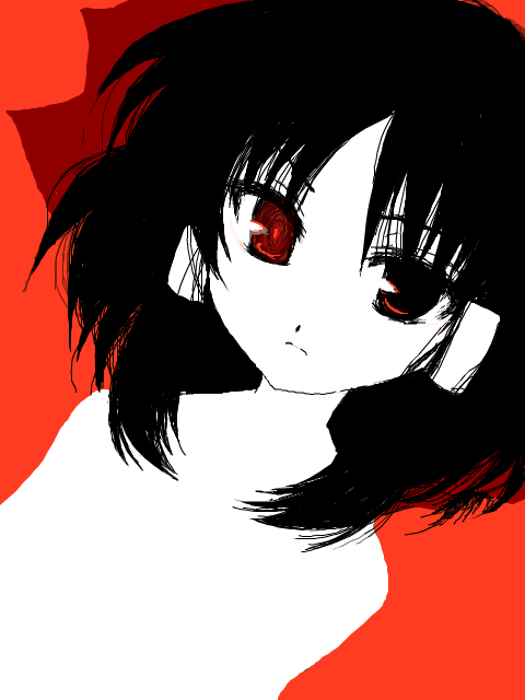 ikeda jun (aquaqua), jun (aquaqua), hakurei reimu, touhou, 1girl, black hair, female focus, oekaki, pale skin, partially colored, red eyes, solo