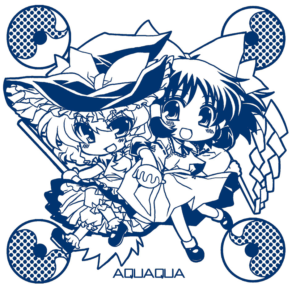 ikeda jun (aquaqua), jun (aquaqua), hakurei reimu, kirisame marisa, touhou, 2girls, blue theme, chibi, female focus, monochrome, multiple girls