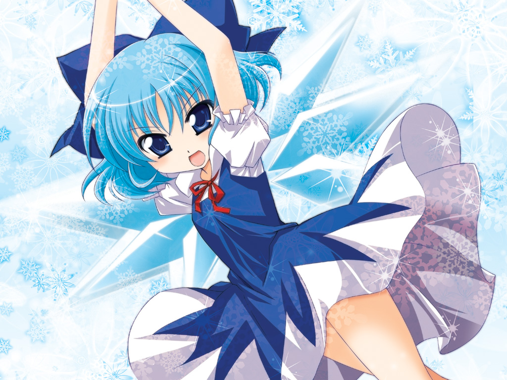 ikeda jun (aquaqua), jun (aquaqua), cirno, embodiment of scarlet devil, touhou, 1girl, blue eyes, blue hair, bow, dress, female focus, hair bow, ice, matching hair/eyes, open mouth, ribbon, short hair, solo, wings