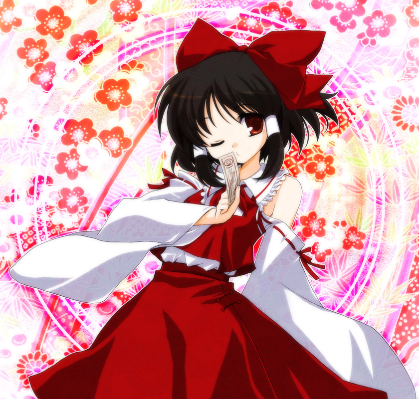 ikeda jun (aquaqua), jun (aquaqua), hakurei reimu, embodiment of scarlet devil, touhou, 1girl, female focus, japanese clothes, miko, one eye closed, ribbon, solo, wink