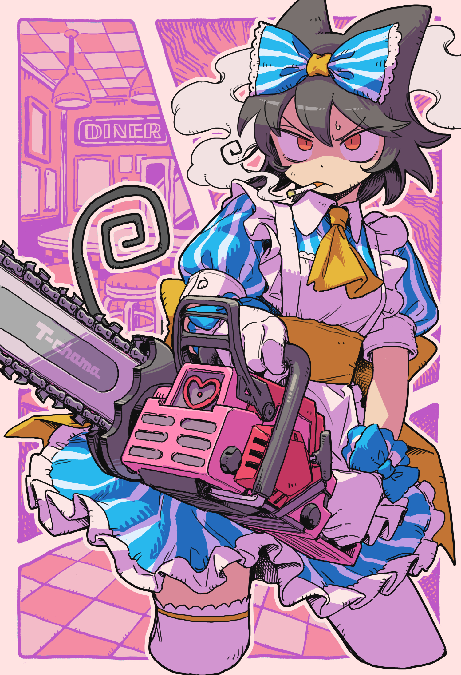 mizuno (okn66), original, commentary, commission, highres, skeb commission, 1girl, animal ears, apron, ascot, black hair, blue bow, blue dress, bow, ceiling, ceiling light, chainsaw, cigarette, cropped legs, diner, dress, gloves, hair between eyes, hair bow, holding, mouth hold, orange eyes, short sleeves, smoke, smoking, solo, striped clothes, striped dress, sweat, tail, thighhighs, tile ceiling, tile floor, tiles, vertical-striped clothes, vertical-striped dress, white apron, white gloves, white thighhighs, yellow ascot