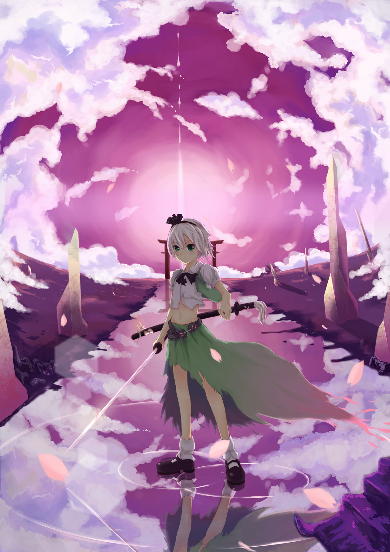 accelerator (artist), atorosu, konpaku youmu, touhou, silver hair, bad id, bad pixiv id, highres, 1girl, artistic error, bad reflection, belt, dress shirt, female focus, green eyes, hairband, katana, mary janes, midriff, navel, reflection, shirt, shoes, short hair, skirt, sky, socks, solo, sword, torii, torn clothes, weapon