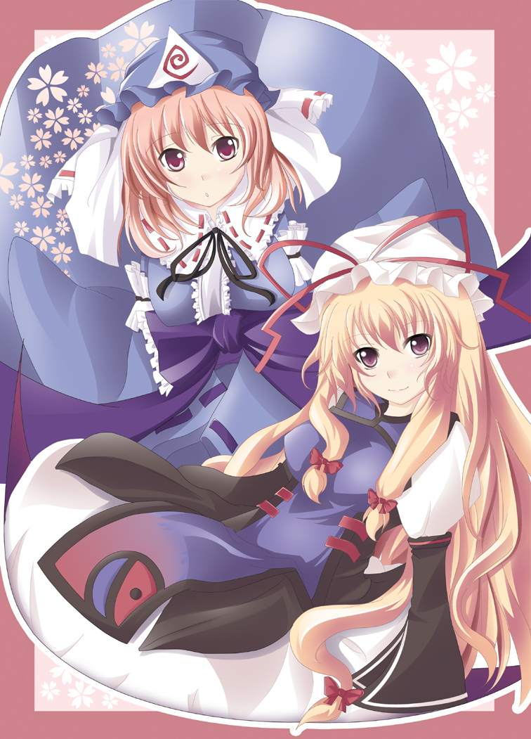kinako nagomi, saigyouji yuyuko, yakumo yukari, touhou, 2girls, breasts, dress, female focus, hat, japanese clothes, kimono, multiple girls, ribbon