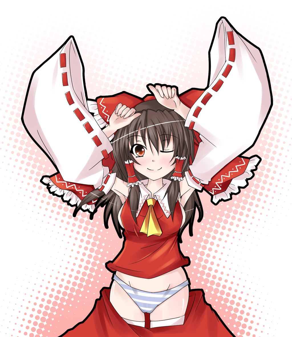 kinako nagomi, hakurei reimu, touhou, 1girl, breasts, female focus, gradient background, halftone, halftone background, japanese clothes, miko, one eye closed, panties, ribbon, skirt, solo, underwear, white background, wink