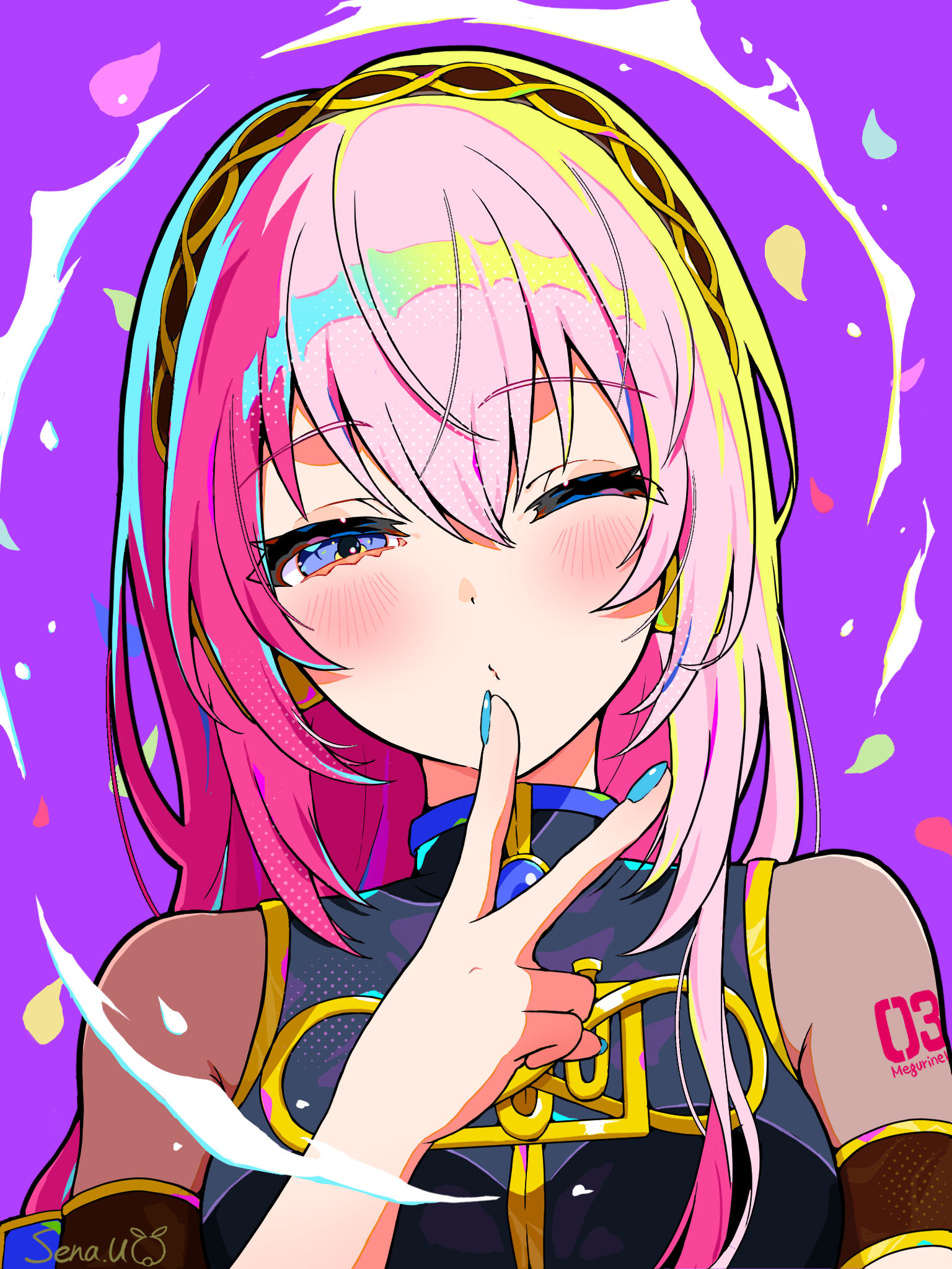 uzuki sena, megurine luka, vocaloid, highres, 1girl, black shirt, blue eyes, blue nails, blush, colorful, half-closed eye, headband, headphones, long hair, looking at viewer, number tattoo, one eye closed, purple background, see-through clothes, shirt, simple background, tattoo, v