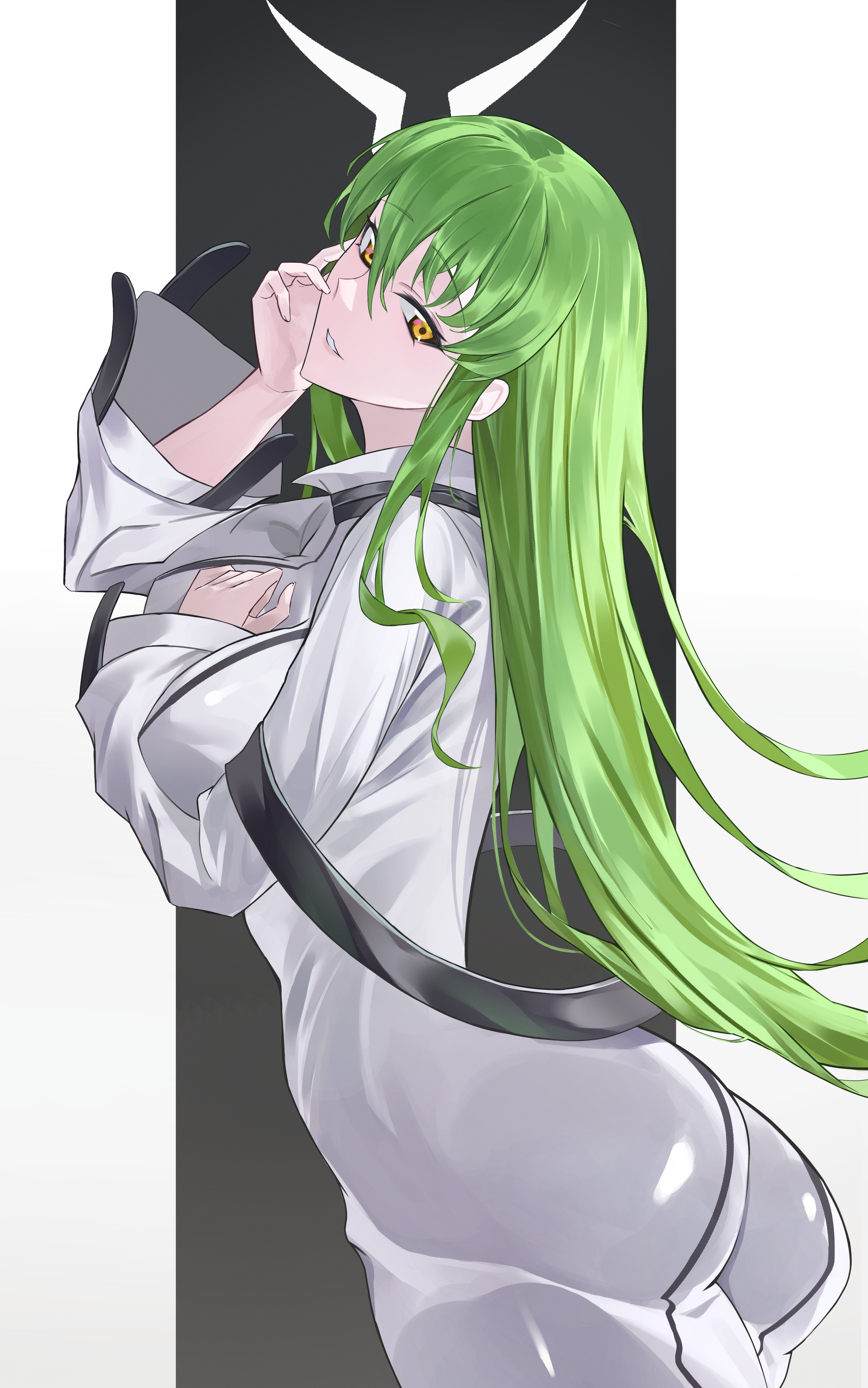 hanapoko, c.c., code geass, absurdres, highres, 1girl, belt buckle, belt collar, blush, bodysuit, breasts, buckle, collar, cowboy shot, green hair, long hair, looking at viewer, medium breasts, simple background, smile, solo, standing, white bodysuit, yellow eyes
