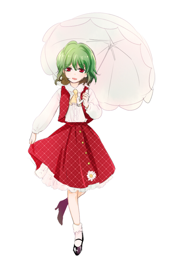 machiko (beard), kazami yuuka, touhou, 1girl, ascot, curtsey, female focus, full body, green hair, high heels, parasol, plaid clothes, plaid skirt, plaid vest, red eyes, shoes, short hair, simple background, skirt, skirt hold, skirt set, smile, solo, umbrella, unmoving pattern, vest, white background