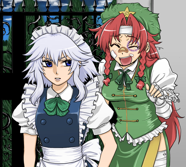 oonamazu, hong meiling, izayoi sakuya, embodiment of scarlet devil, touhou, silver hair, 2girls, :d, ^ ^, bandages, bandaid, blue eyes, braid, breasts, bruise, bruised eye, china dress, chinese clothes, closed eyes, dress, female focus, injury, long hair, maid, multiple girls, nature, open mouth, outdoors, plant, red hair, short hair, sky, smile, twin braids