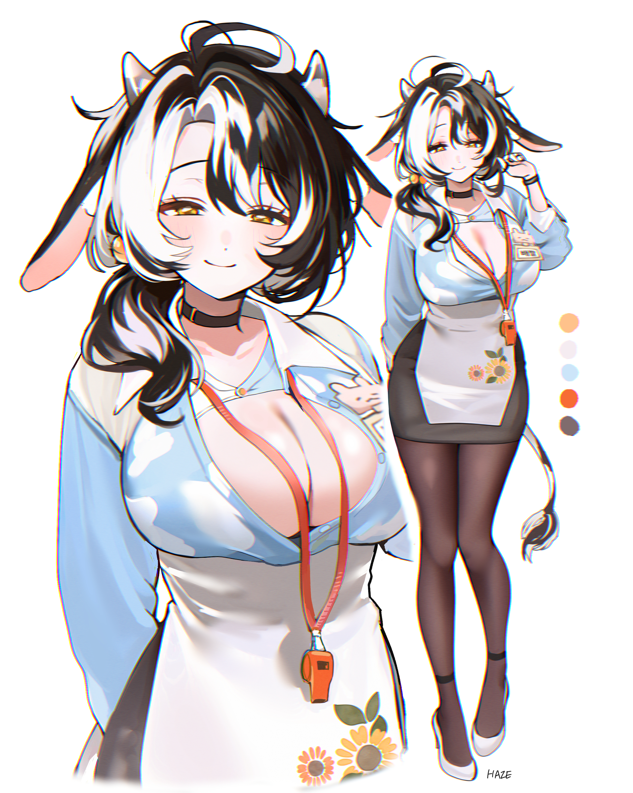 haze (7h4ze), original, absurdres, commentary, english commentary, highres, 1girl, ahoge, animal ears, apron, black choker, black hair, black skirt, blue shirt, breasts, choker, cleavage, collared shirt, cow ears, cow girl, cow horns, cow tail, high heels, horns, large breasts, looking at viewer, multicolored hair, name tag, pencil skirt, shirt, shoes, short side ponytail, skirt, streaked hair, tail, whistle, whistle around neck, white apron, white background, white hair, white shoes, yellow eyes