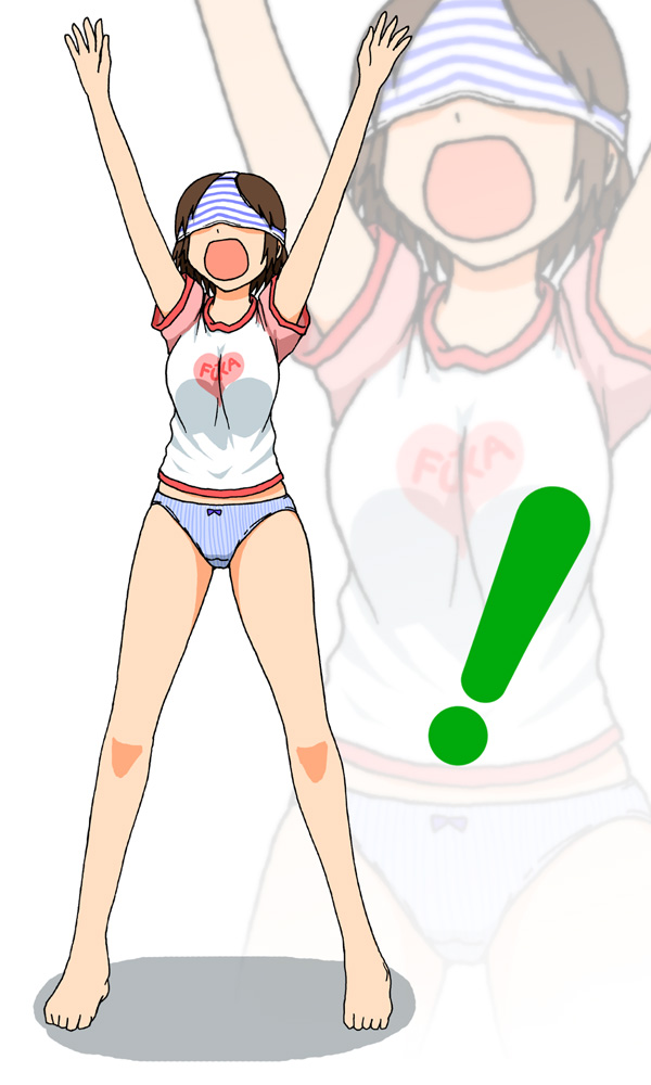 ayase fuuka, pantsman, yotsubato!, !, 1girl, barefoot, blue panties, bob cut, brown hair, clothes writing, feet, female focus, full body, no pants, no socks, object on head, open mouth, panties, panties on head, parody, raglan sleeves, shirt, short hair, solo, standing, striped clothes, striped panties, t-shirt, underwear, zoom layer